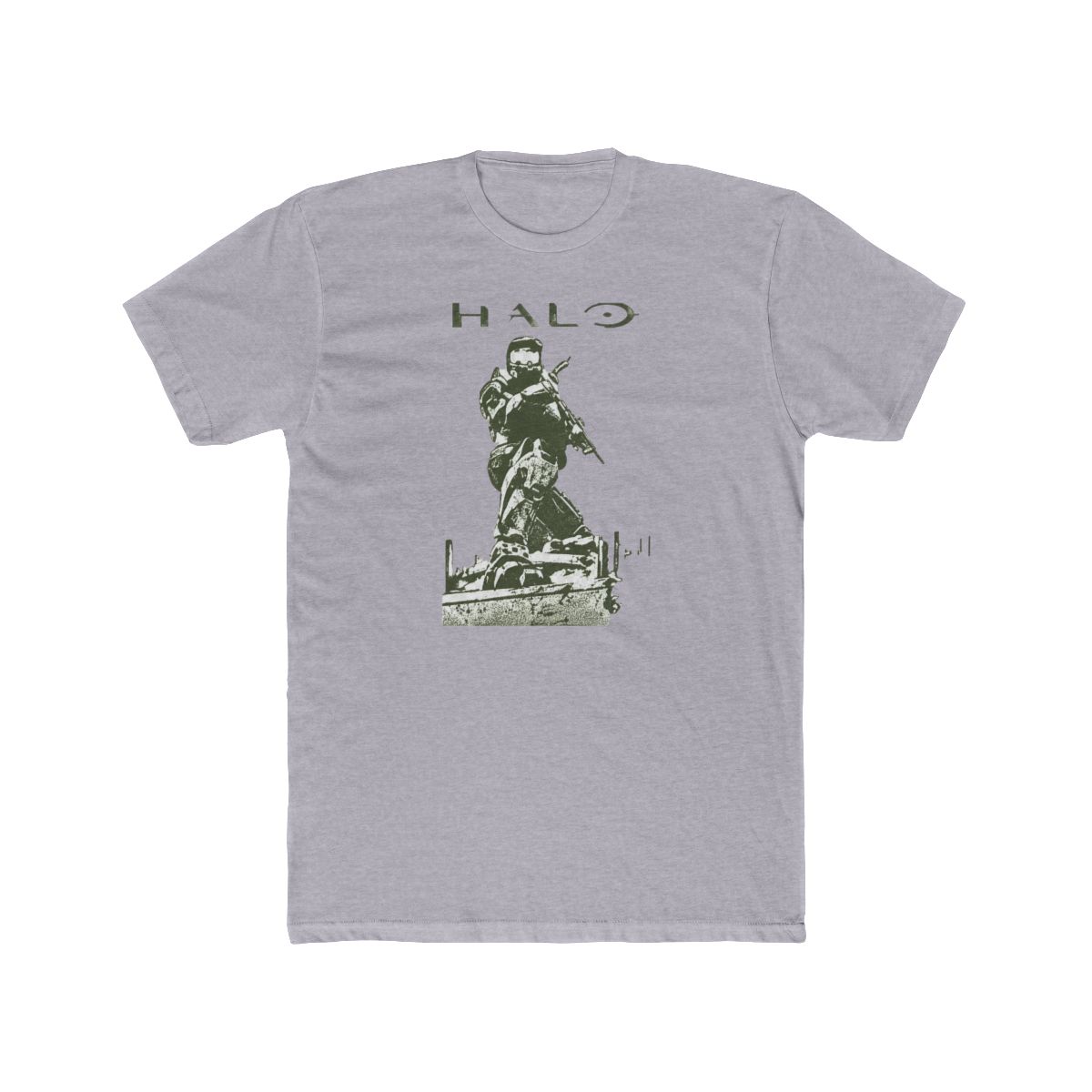 Black T Shirt with a green graphic of a kneeling soldier and the word "HALO". The design is printed on the front of the shirt. The text and illustration are in a military green colour - alternate angle 3, merchandise