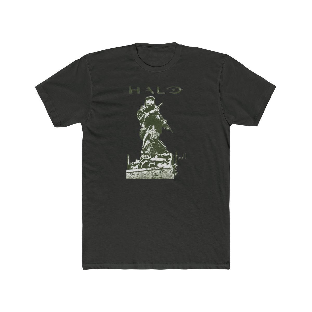 Black T Shirt with a green graphic of a kneeling soldier and the word "HALO". The design is printed on the front of the shirt. The text and illustration are in a military green colour - alternate angle 5, merchandise