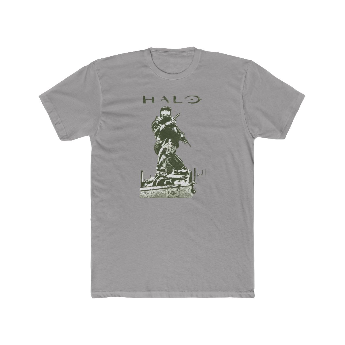 Black T Shirt with a green graphic of a kneeling soldier and the word "HALO". The design is printed on the front of the shirt. The text and illustration are in a military green colour - Official T-Shirts merchandise