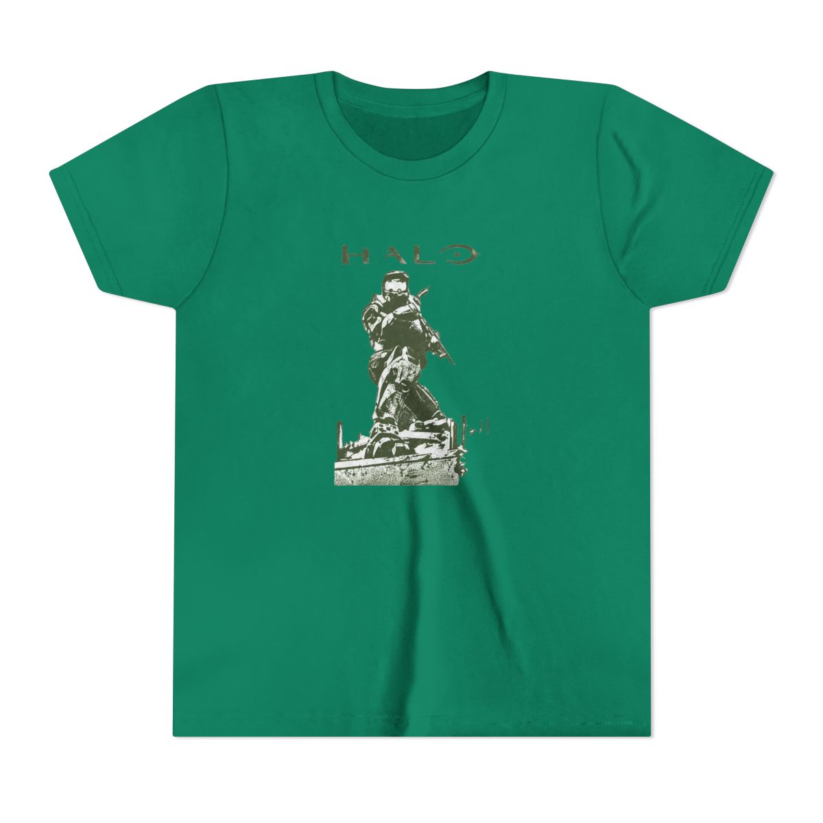Black T Shirt with a green graphic of a kneeling soldier and the word "HALO". The design is printed on the front of the shirt. The text and illustration are in a military green colour (Kids) - alternate angle 2, merchandise