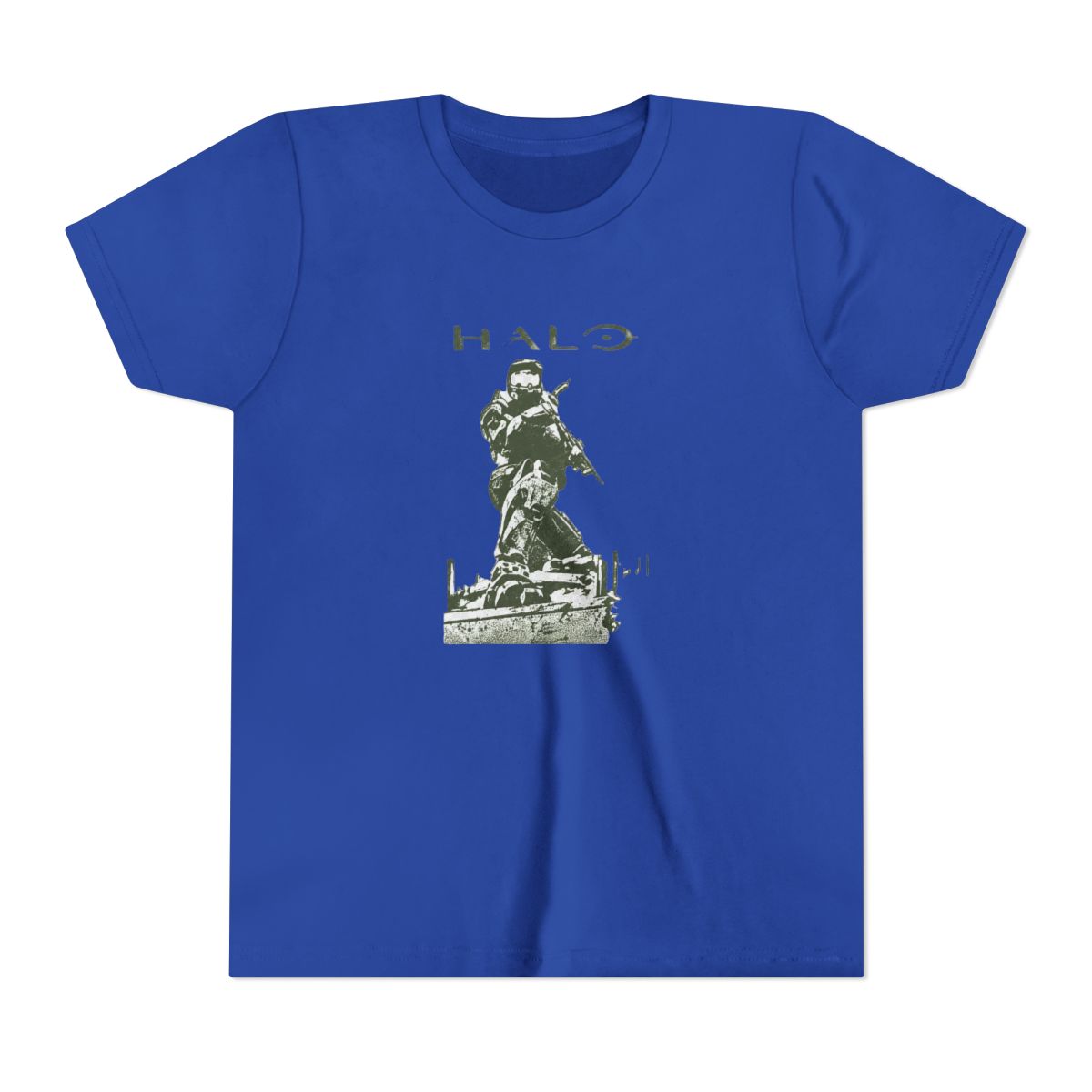 Black T Shirt with a green graphic of a kneeling soldier and the word "HALO". The design is printed on the front of the shirt. The text and illustration are in a military green colour (Kids) - alternate angle 4, merchandise